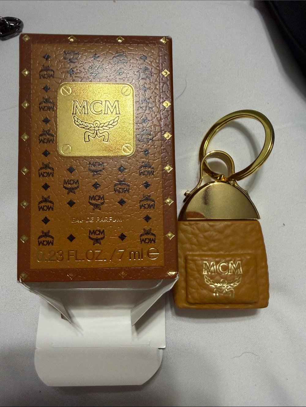 MCM Tan Leather Bag Charm or Key Chain with Gold Hardware